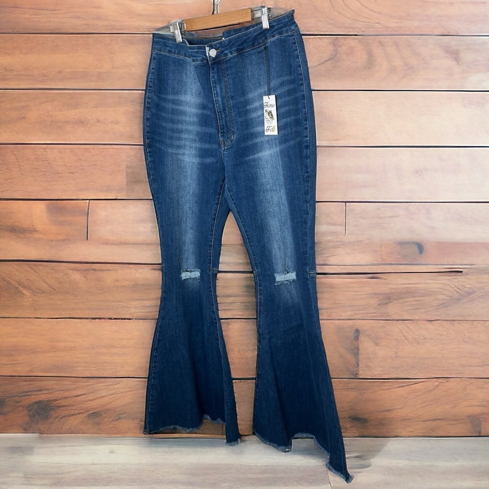 Home Folk Distressed Women's Mid Wash Blue Flare Jeans - Picture 4 of 16